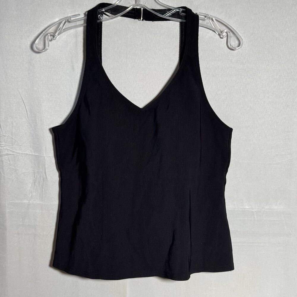 Lands End Black Tankini Swim Top Size 16 Halter V Neck Stretch Swimwear Beach